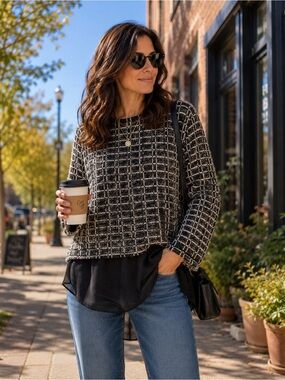 Femme Fatale Black & White Grid Knit Crewneck with Black Chiffon Hem Size Large
